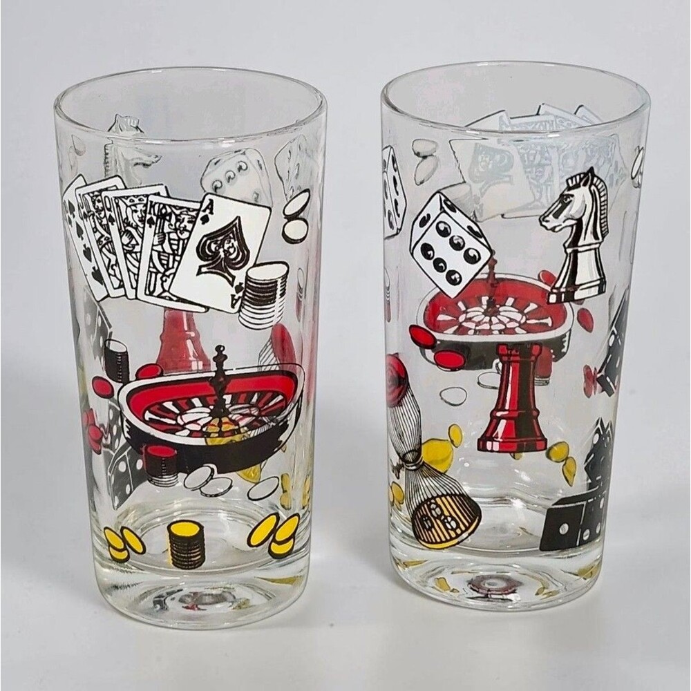 Vintage Hazel Atlas Casino Game Night Glasses Set of 2 Poker Dice Cards Barware